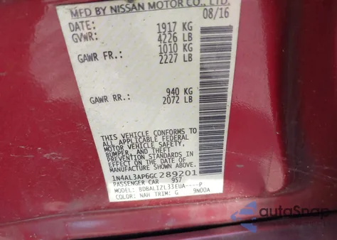 2016 Nissan Altima 2.5 Sv z USA, uszkodzony, nr VIN 1N4AL3AP6GC289201